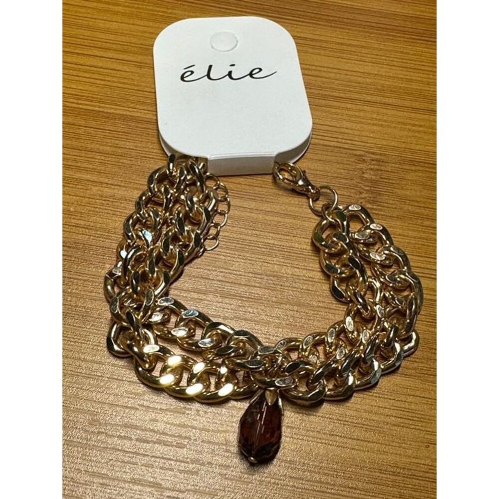 élie Gold Chunky Chain Bracelet Brown Teardrop Charm NWT New Boho Jewelry Gift